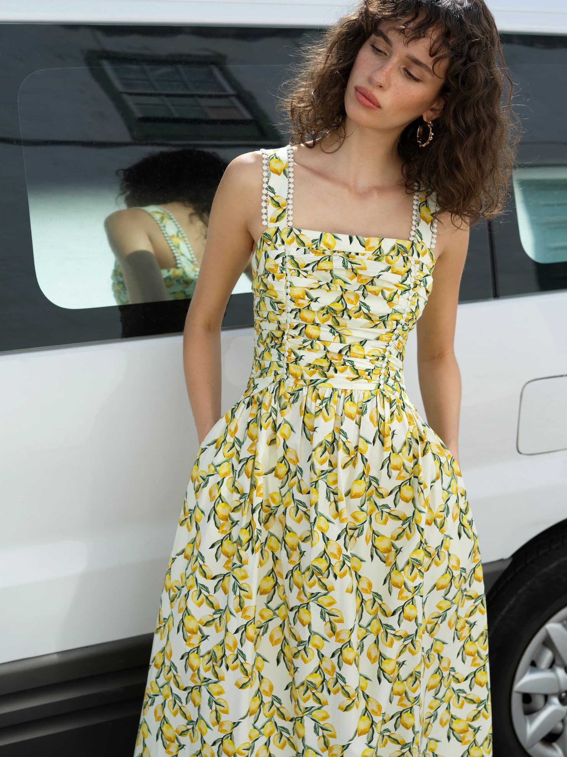 French Connection Ciitrus Barletta Ruched Midi Dress Citrus Multicoloured Lemon Print