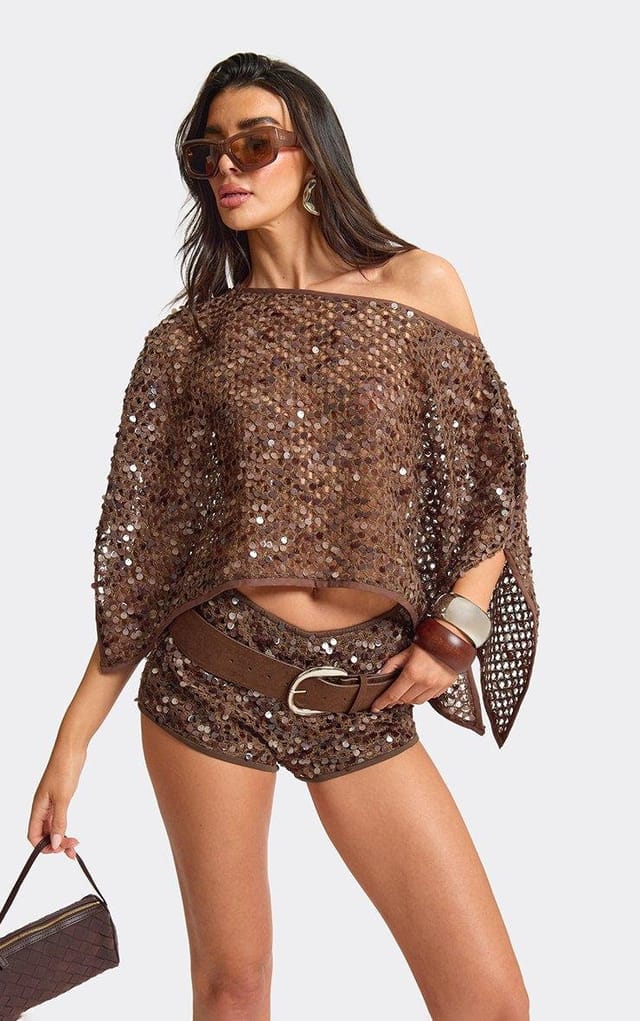 EGO Off The Shoulder Cape Top In Brown Sequin, Women's Size UK 6 - 2