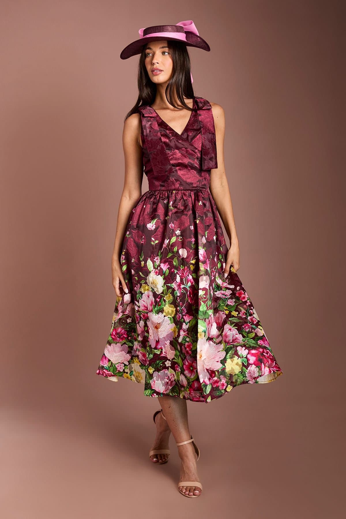 Coast Coast Women's Lisa Tan Bow Shoulder Wrap Top Printed Organza Jacquard Midi Dress in Berry
