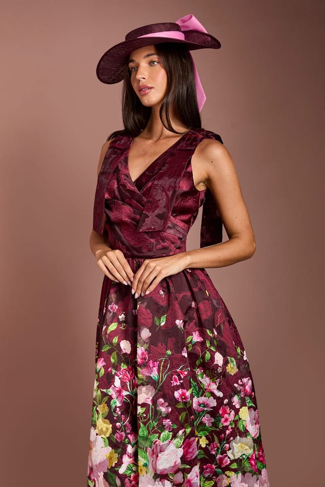 Coast Coast Women's Lisa Tan Bow Shoulder Wrap Top Printed Organza Jacquard Midi Dress in Berry - 2