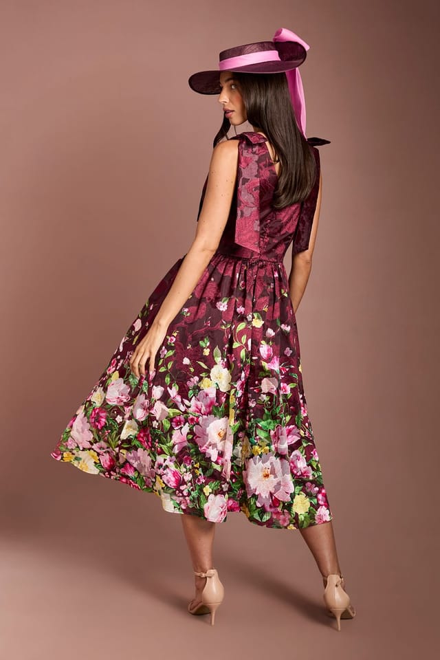 Coast Coast Women's Lisa Tan Bow Shoulder Wrap Top Printed Organza Jacquard Midi Dress in Berry - 3