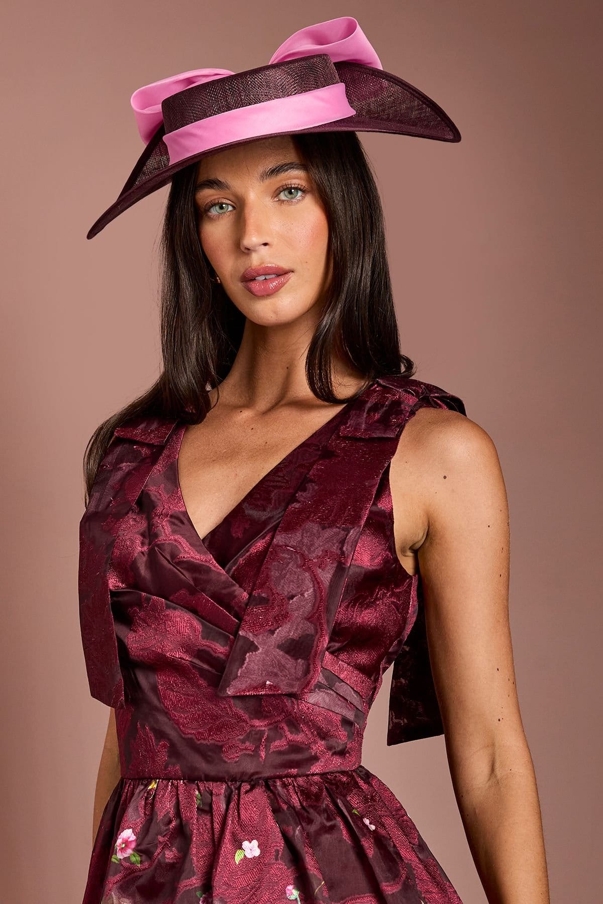 Coast Coast Women's Lisa Tan Bow Shoulder Wrap Top Printed Organza Jacquard Midi Dress in Berry - 4