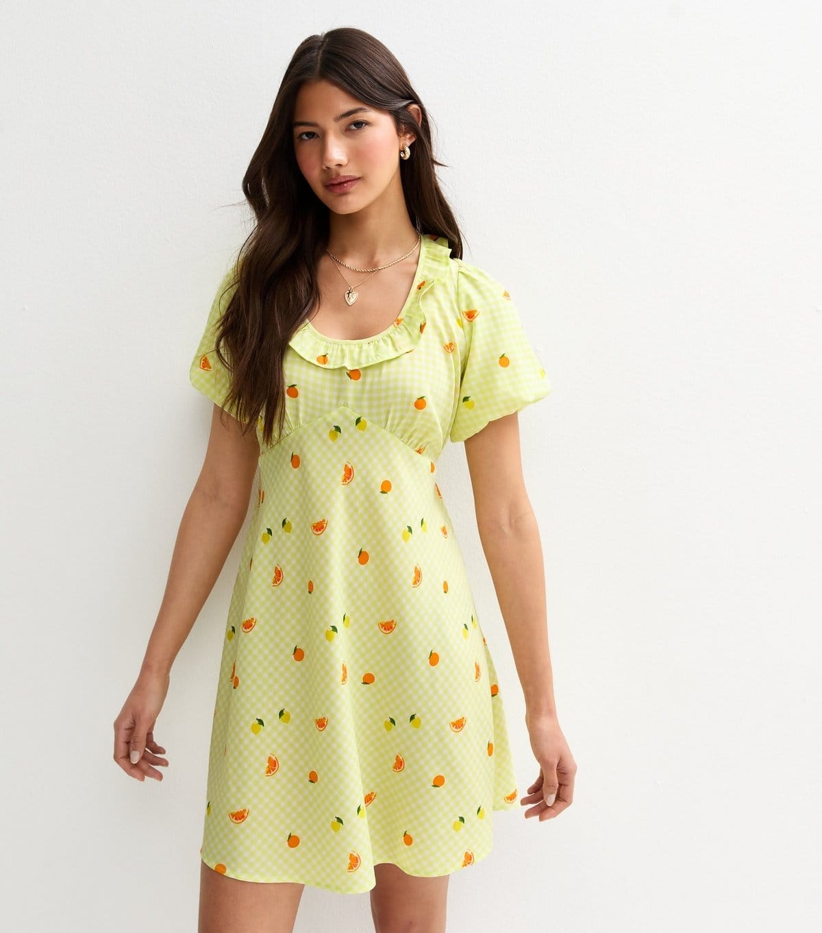 New Look Yellow Fruit Print Frill Neck Mini Dress