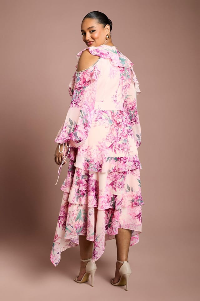 Coast Coast Women's Plus Cold Shoulder Printed Ruffle Midi Dress in Pink - 3