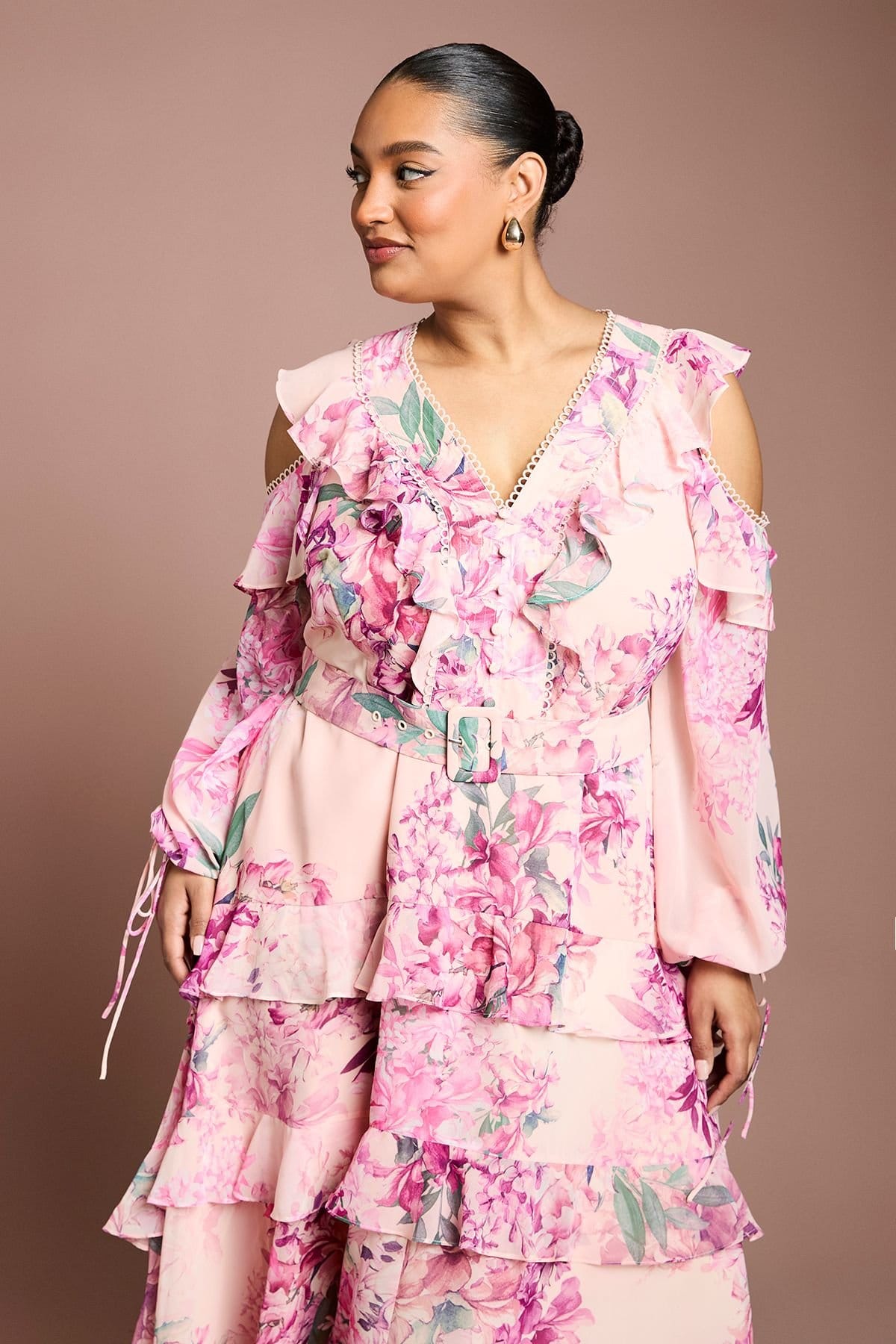 Coast Coast Women's Plus Cold Shoulder Printed Ruffle Midi Dress in Pink - 4