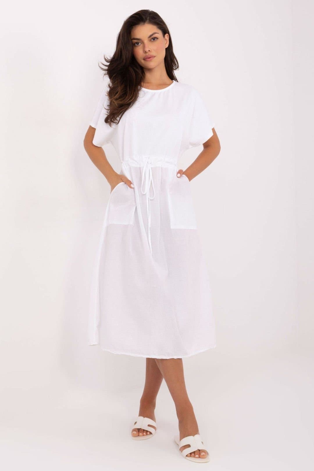 Love Lace Love Lace Women's Cotton Summer Midi Dress with Tie Waist Pockets in White