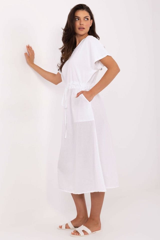 Love Lace Love Lace Women's Cotton Summer Midi Dress with Tie Waist Pockets in White - 2