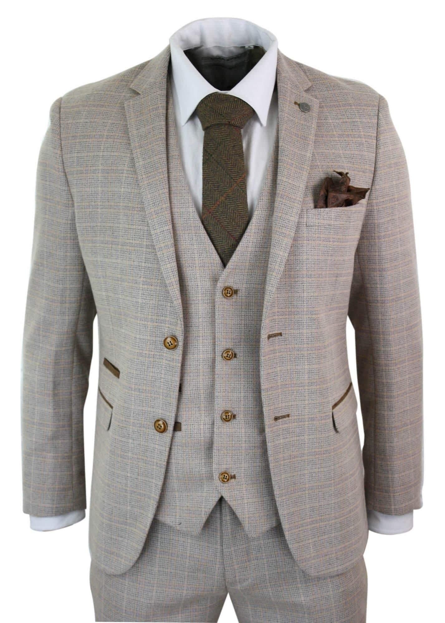 Paul Andrew Paul Andrew Men's Holland Check Tweed Beige 3 Piece Suit