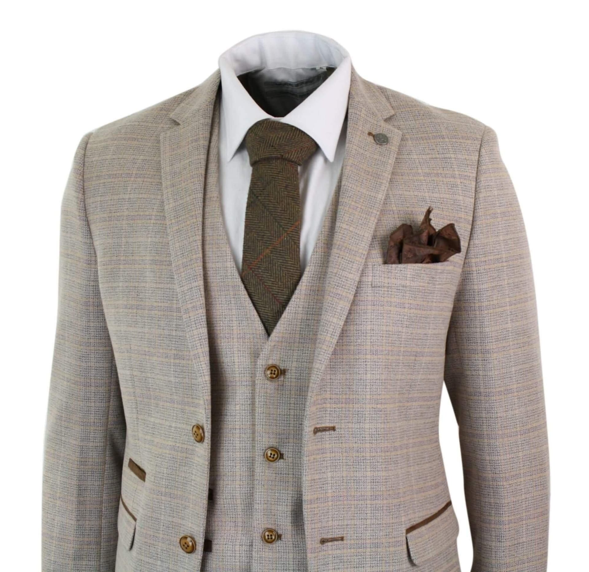 Paul Andrew Paul Andrew Men's Holland Check Tweed Beige 3 Piece Suit - 4