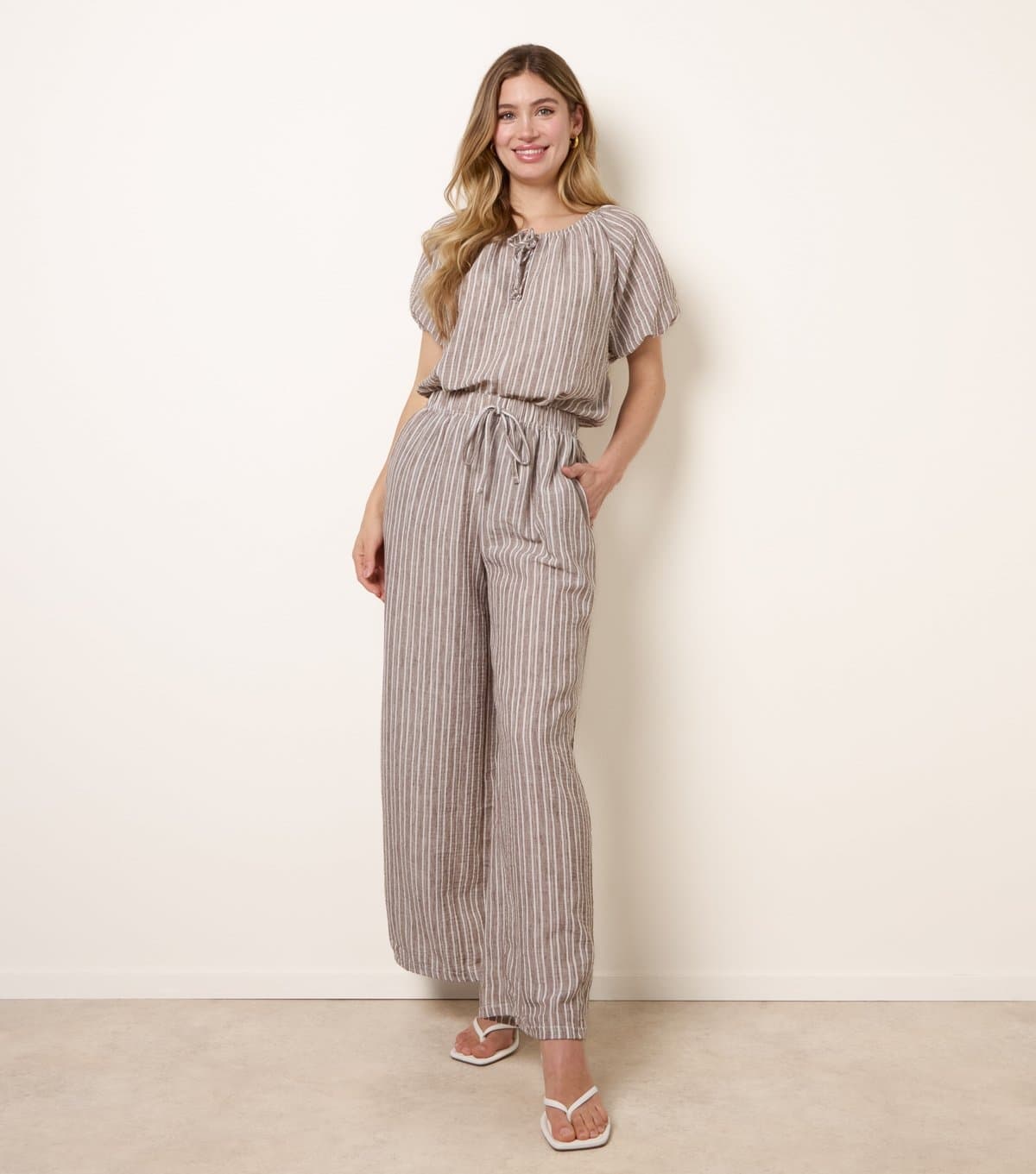 Blue Vanilla Women's Dark Brown Tie Stripe Wide Leg Trousers Blue Vanilla New Look