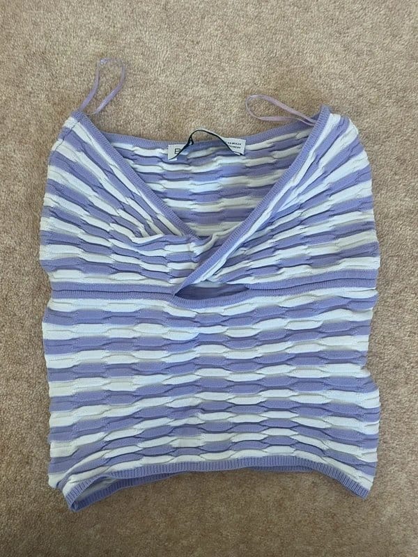 Bershka Lilac and White Striped Ruched Bandeau Crop Top