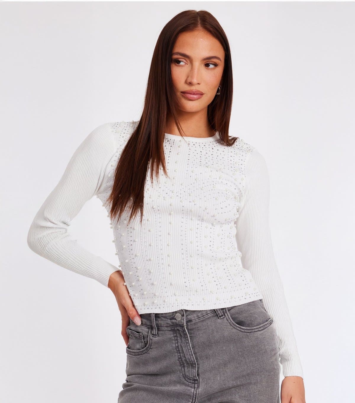 Quiz Women's White Ribbed Embellished Long Sleeve Top Quiz New Look