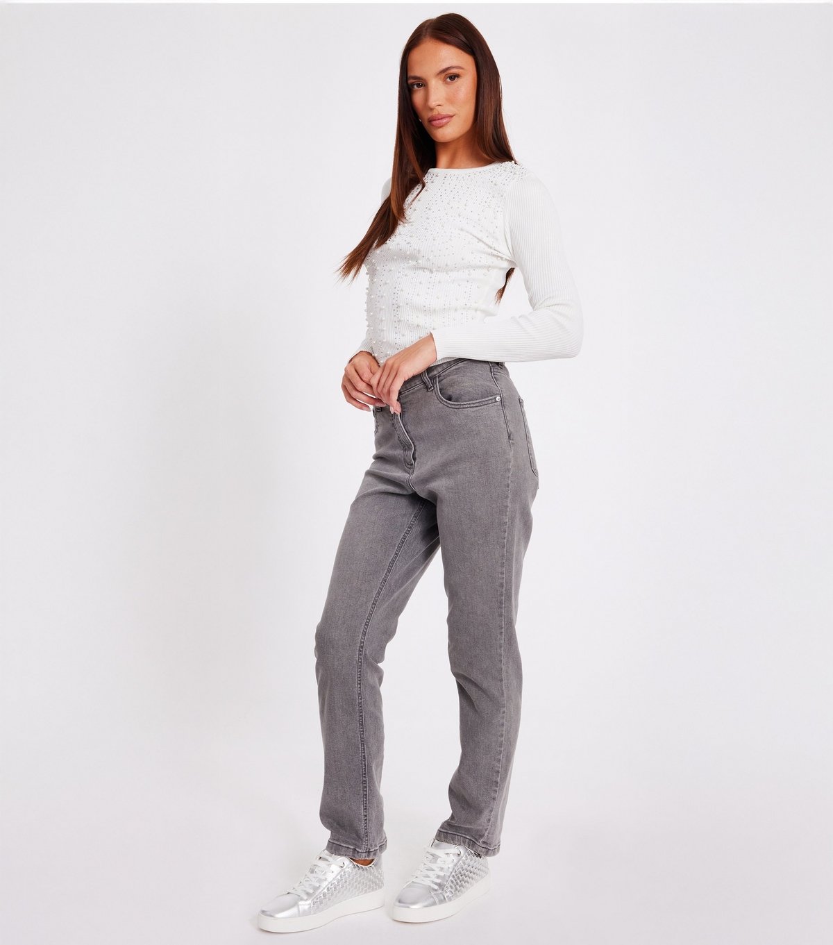 Quiz Women's White Ribbed Embellished Long Sleeve Top Quiz New Look - 2