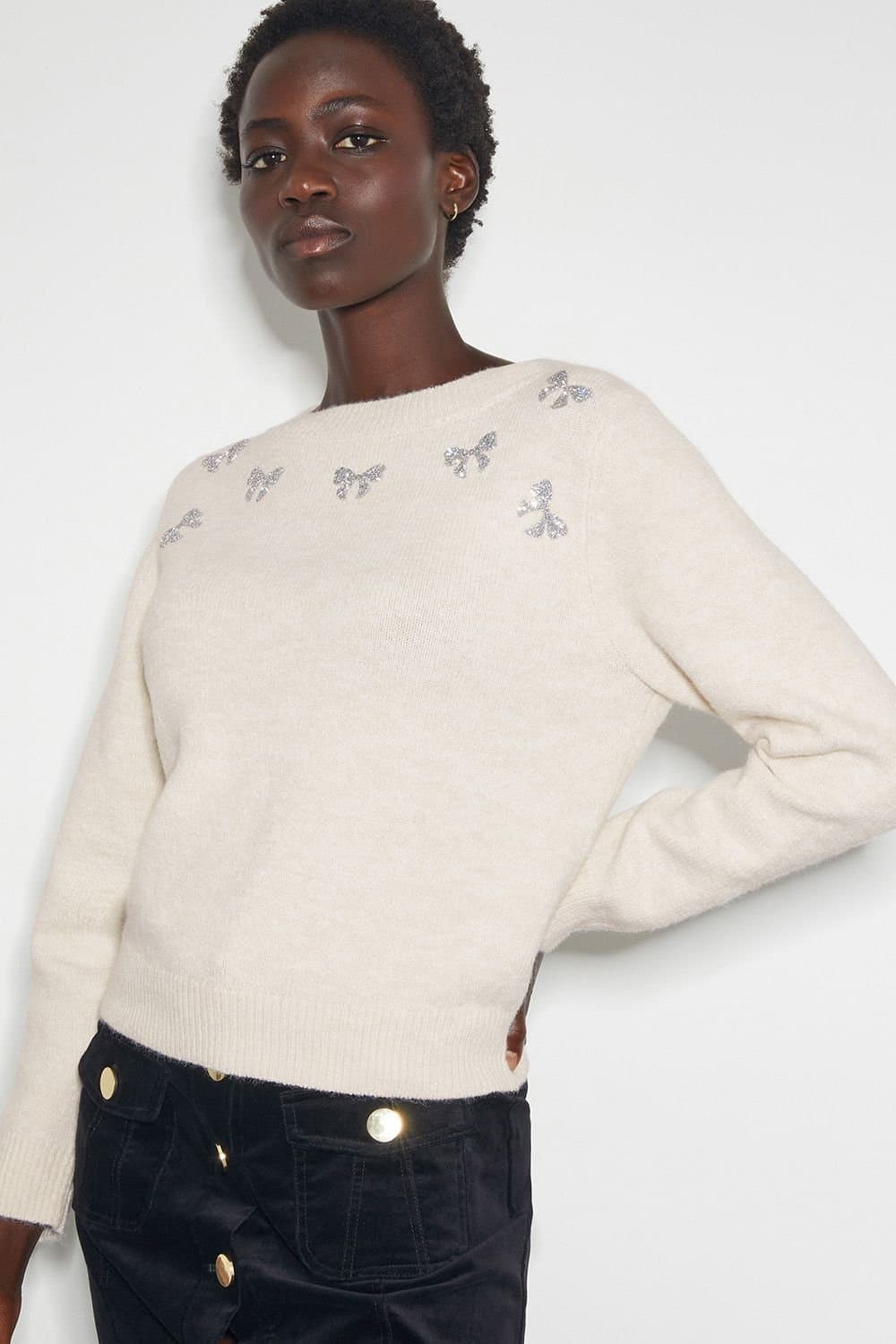 Monsoon Monsoon Women's Mal Glitter Bow Jumper Ivory