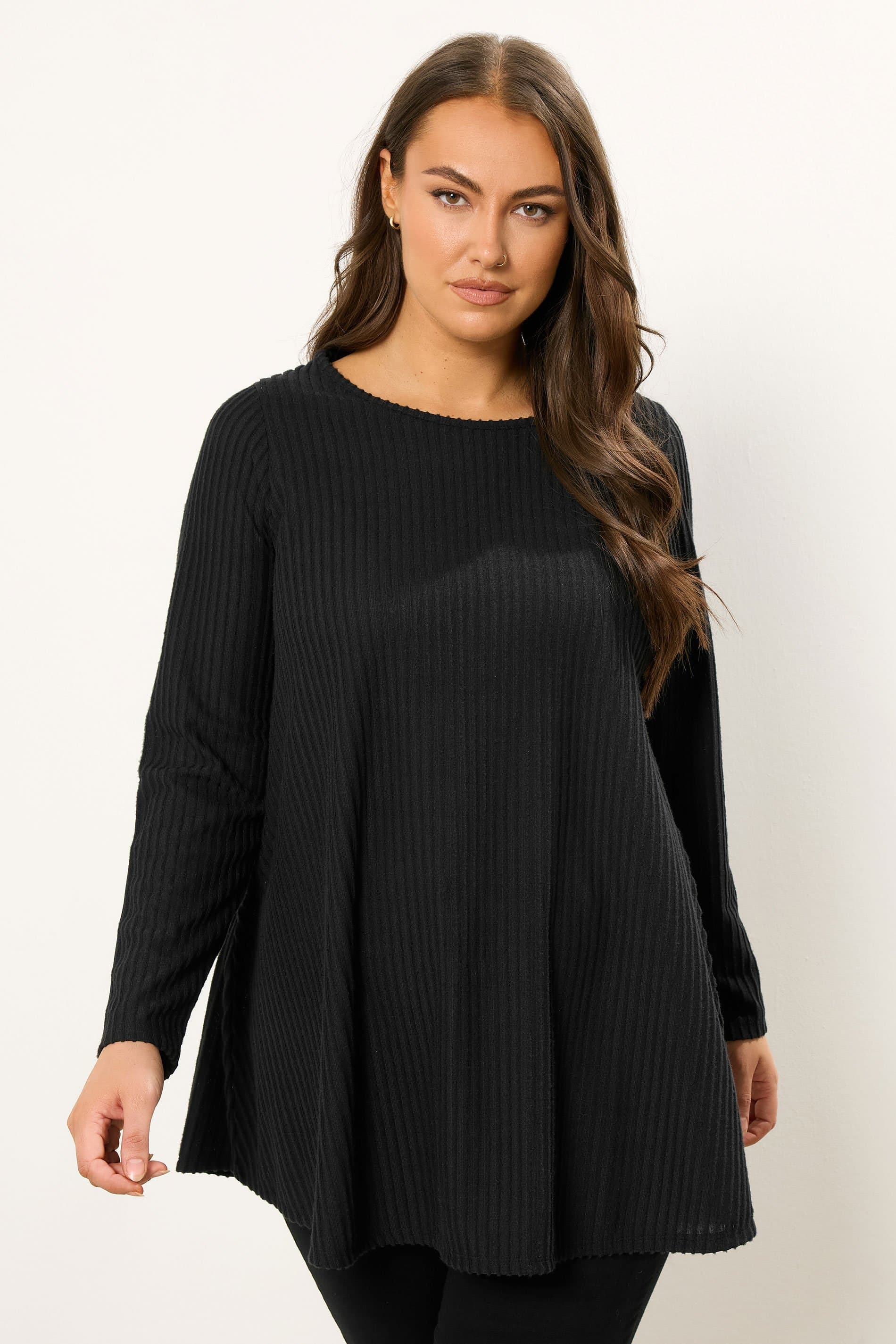 Yours Plus Size Black Soft Touch Ribbed Long Sleeve Top