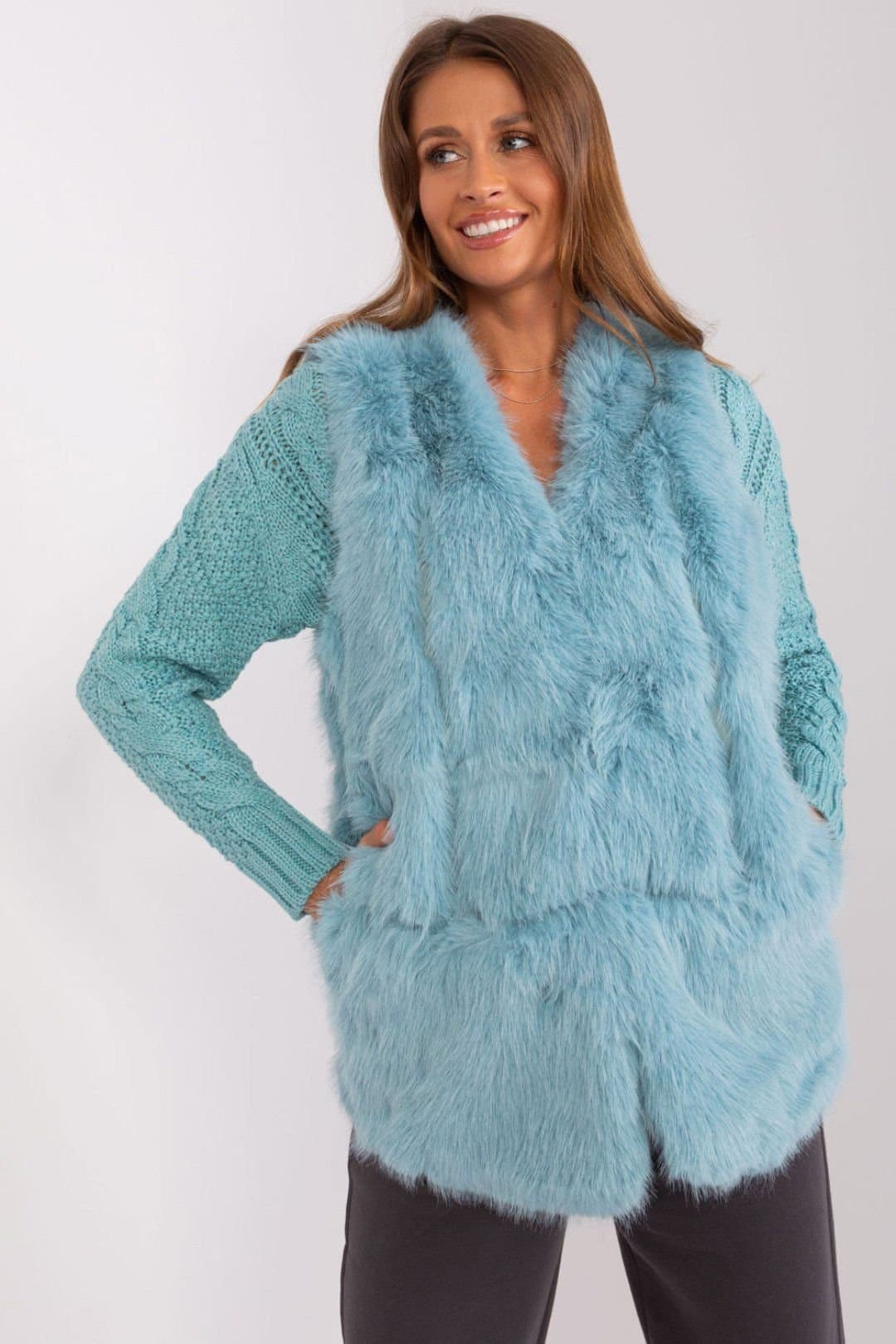 Love Lace Love Lace Women's Soft Fur Vest with Pockets for Autumn Wear in Blue