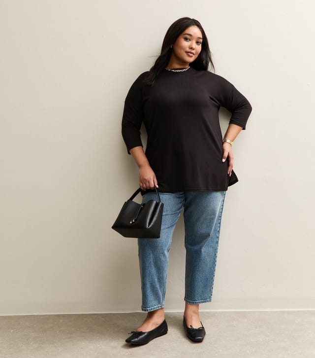 New Look Women's Plus Size Black Soft Touch Crop Sleeve Top Curves New Look - 2