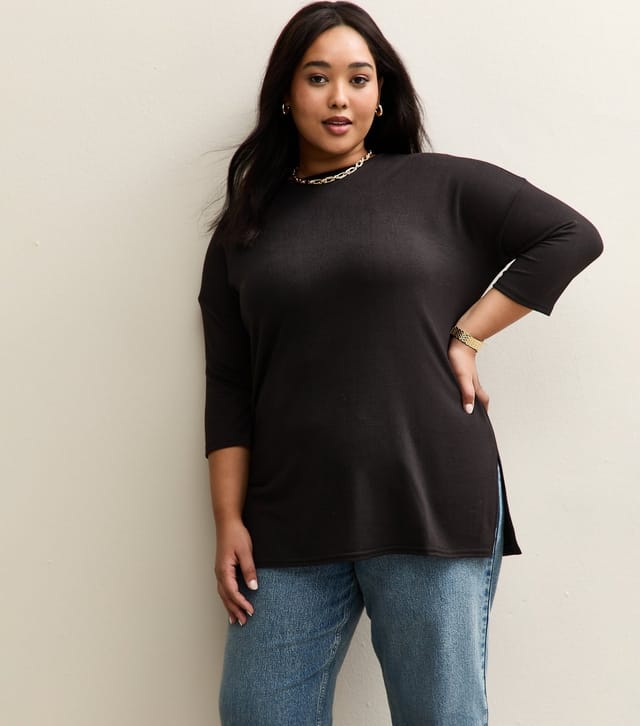 New Look Women's Plus Size Black Soft Touch Crop Sleeve Top Curves New Look - 3