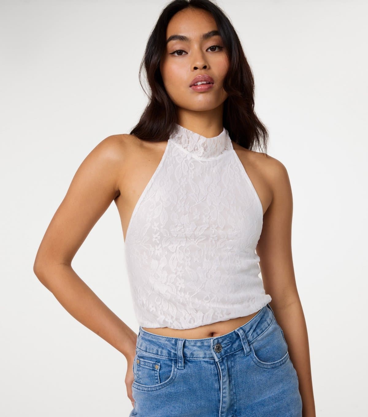 Pink Vanilla Women's Off White Lace Bubble Hem Halter Neck Top Pink Vanilla New Look