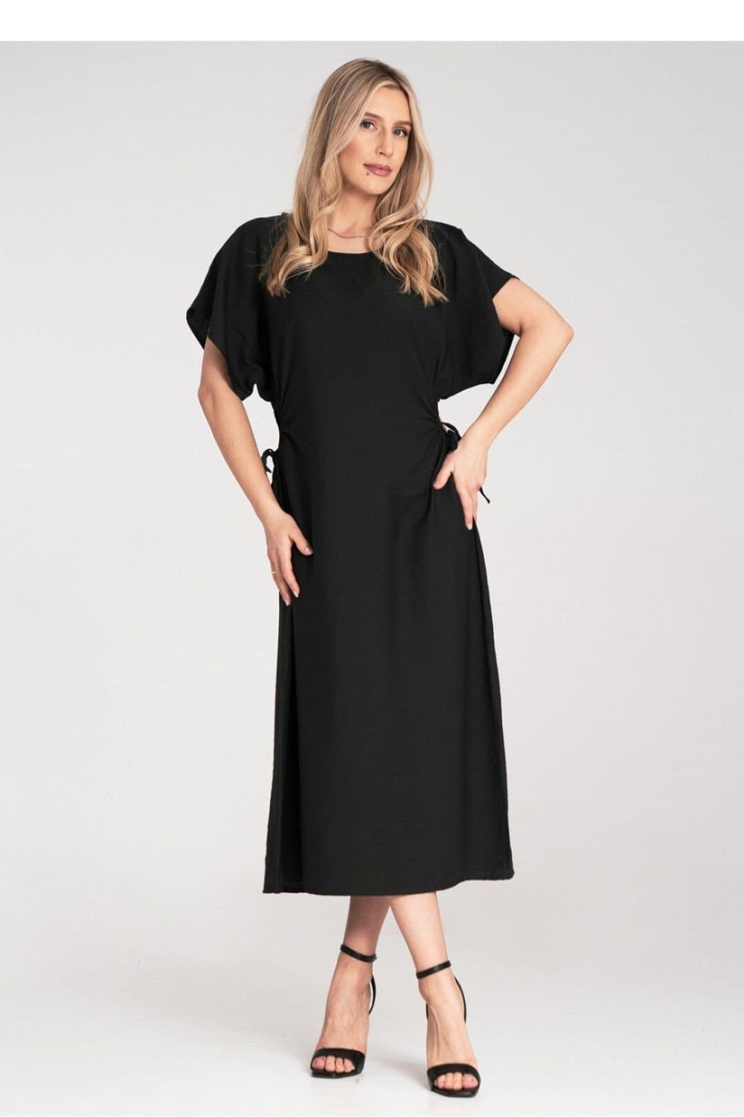 Love Lace Love Lace Women's Midi Day Dress Round Neck Side Cord Cutouts in Black