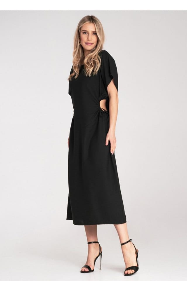Love Lace Love Lace Women's Midi Day Dress Round Neck Side Cord Cutouts in Black - 2