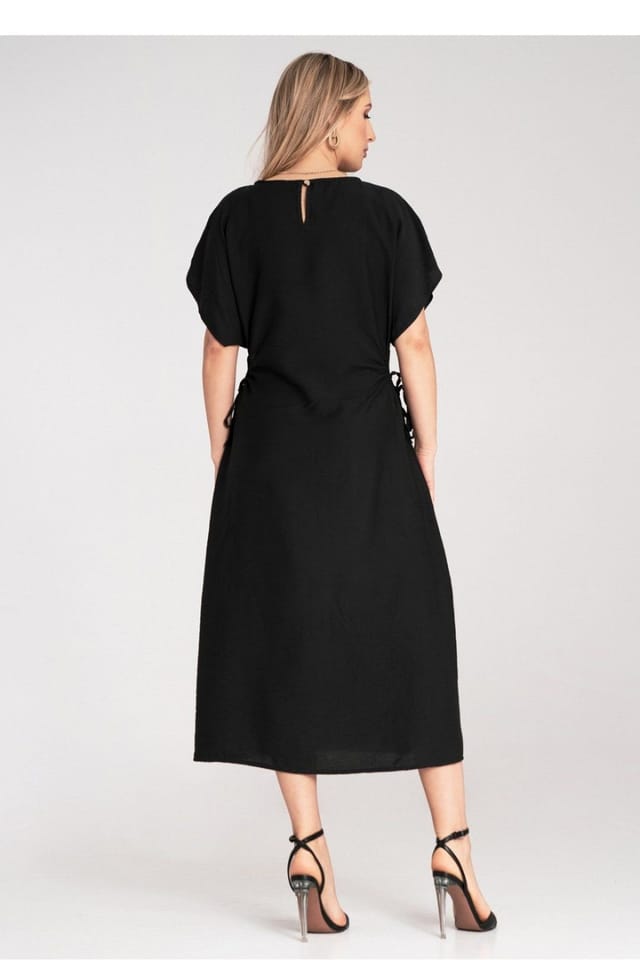 Love Lace Love Lace Women's Midi Day Dress Round Neck Side Cord Cutouts in Black - 3
