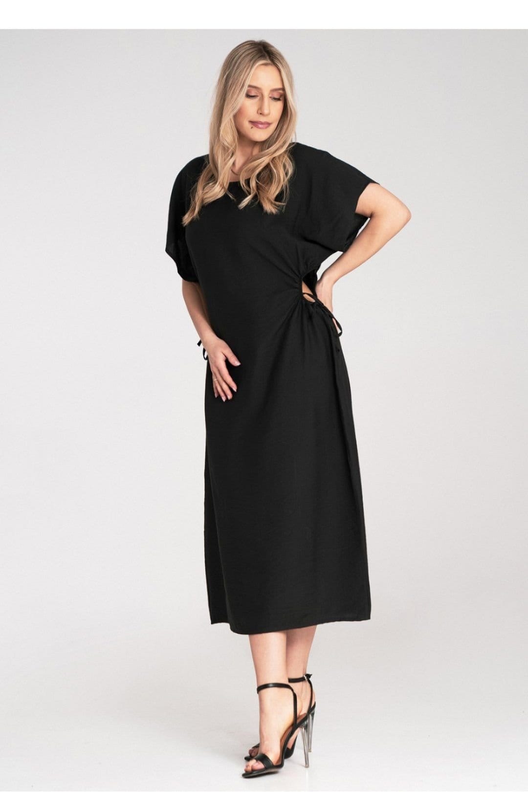 Love Lace Love Lace Women's Midi Day Dress Round Neck Side Cord Cutouts in Black - 4