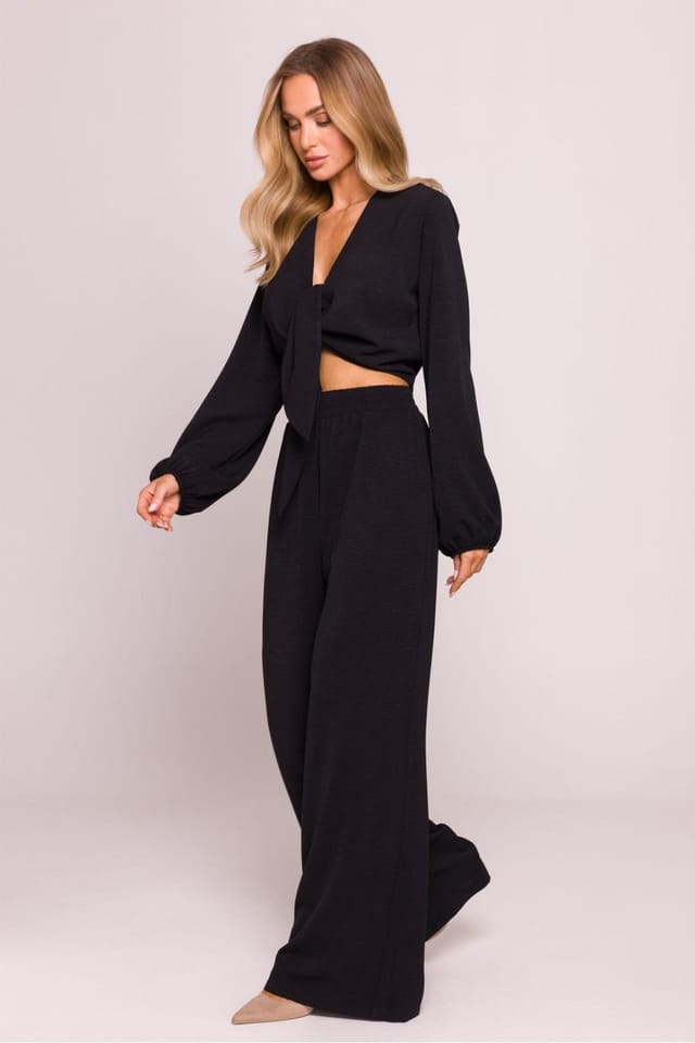 Love Lace Love Lace Women's Crepe Deep V Crop Blouse with Tie Front in Black - 2