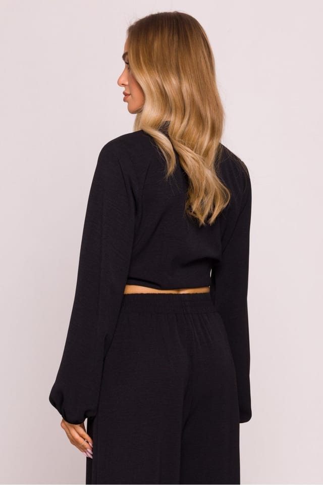 Love Lace Love Lace Women's Crepe Deep V Crop Blouse with Tie Front in Black - 3