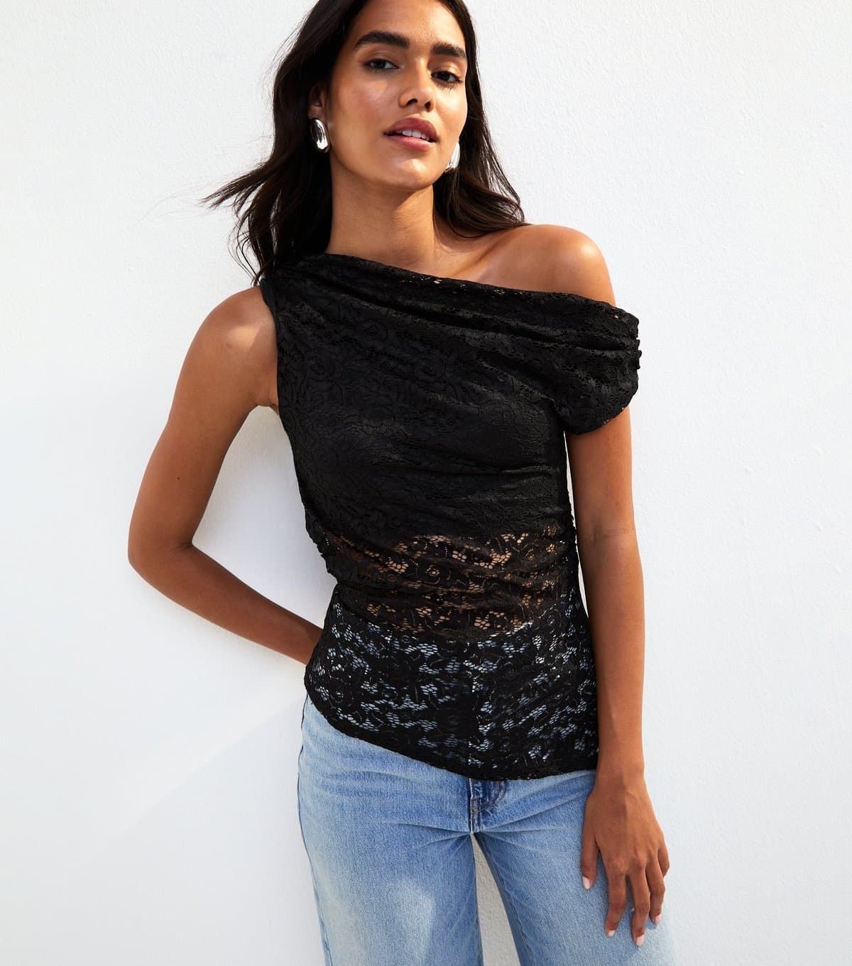 New Look Women's Black Lace Frill Fallen Shoulder Top New Look