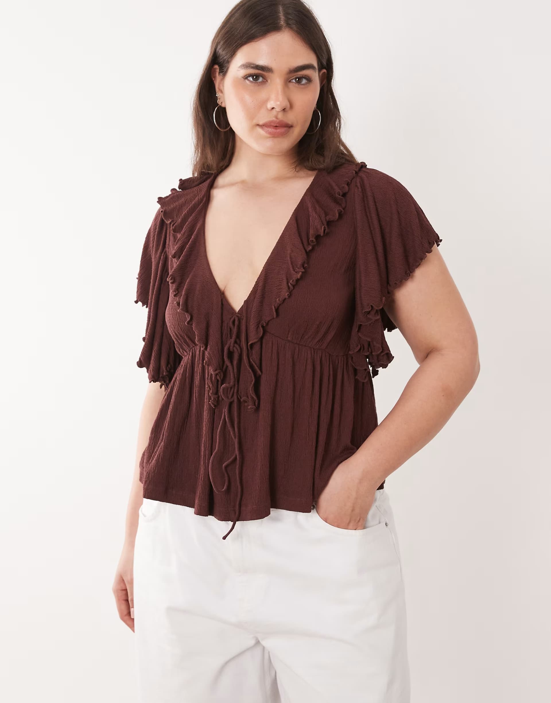 ASOS ASOS DESIGN Curve crinkle plunge ruffle flutter sleeve top in chocolate