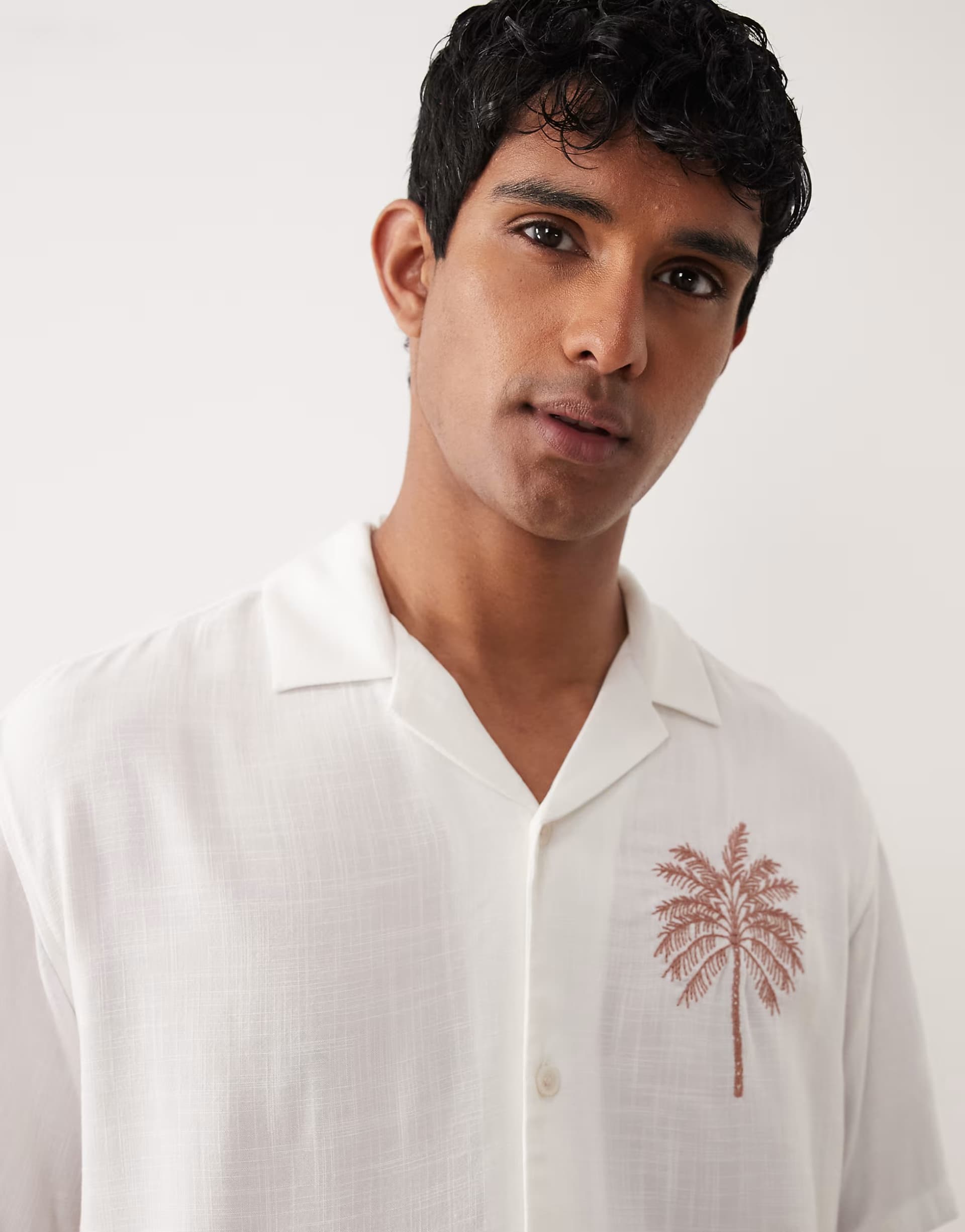 ASOS Jack & Jones Premium palm tree embroidered short sleeve shirt in white