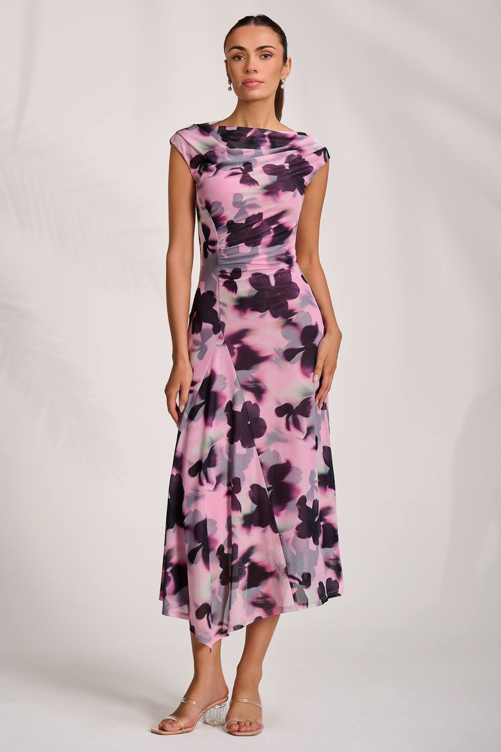 Jolie Moi Jolie Moi Women's Asymmetric Draped Mesh Midaxi Dress in Pink - 4