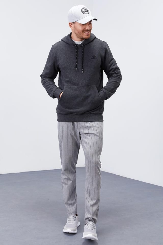 Tommy Life Tommy Life Men's Solid Hooded Sweatshirt With Pocket in Charcoal - 2