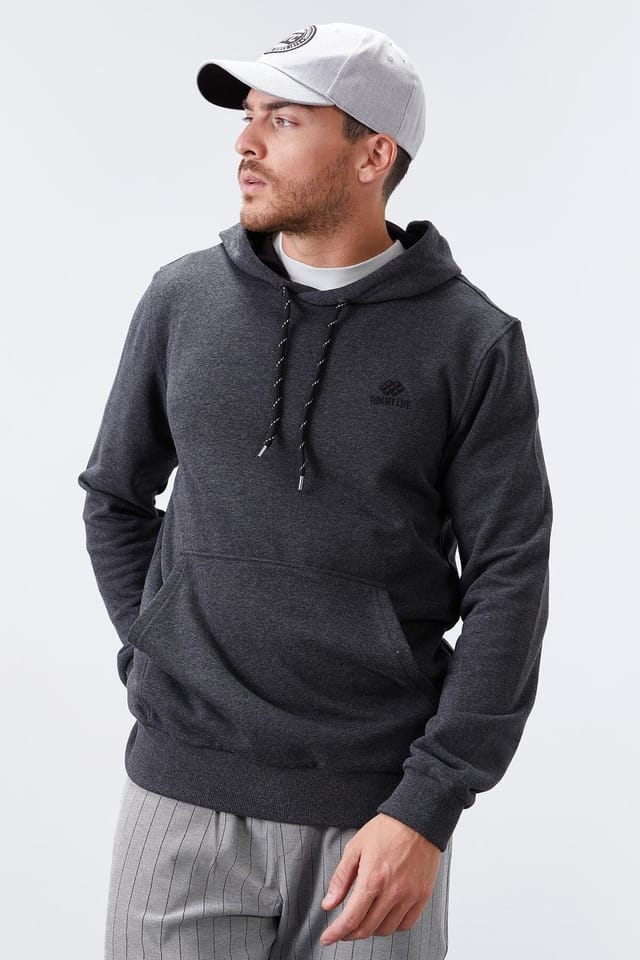 Tommy Life Tommy Life Men's Solid Hooded Sweatshirt With Pocket in Charcoal - 3