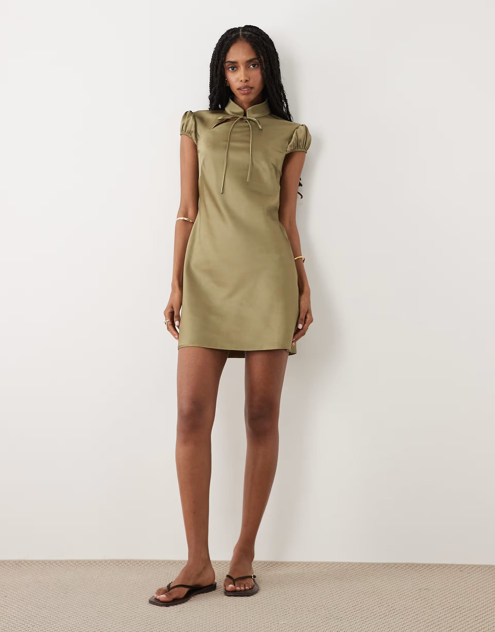 Miss Selfridge Khaki Satin Tie Neck Mini Dress