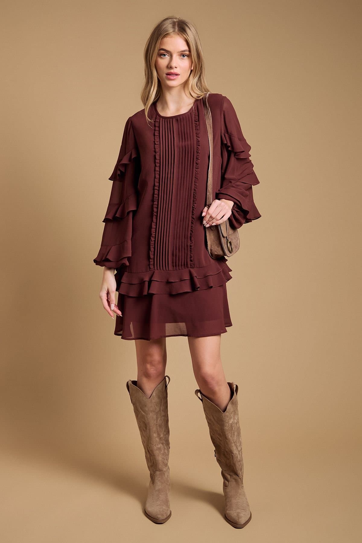 Oasis Oasis Women's Ruffle Tiered Mini Dress in Chocolate