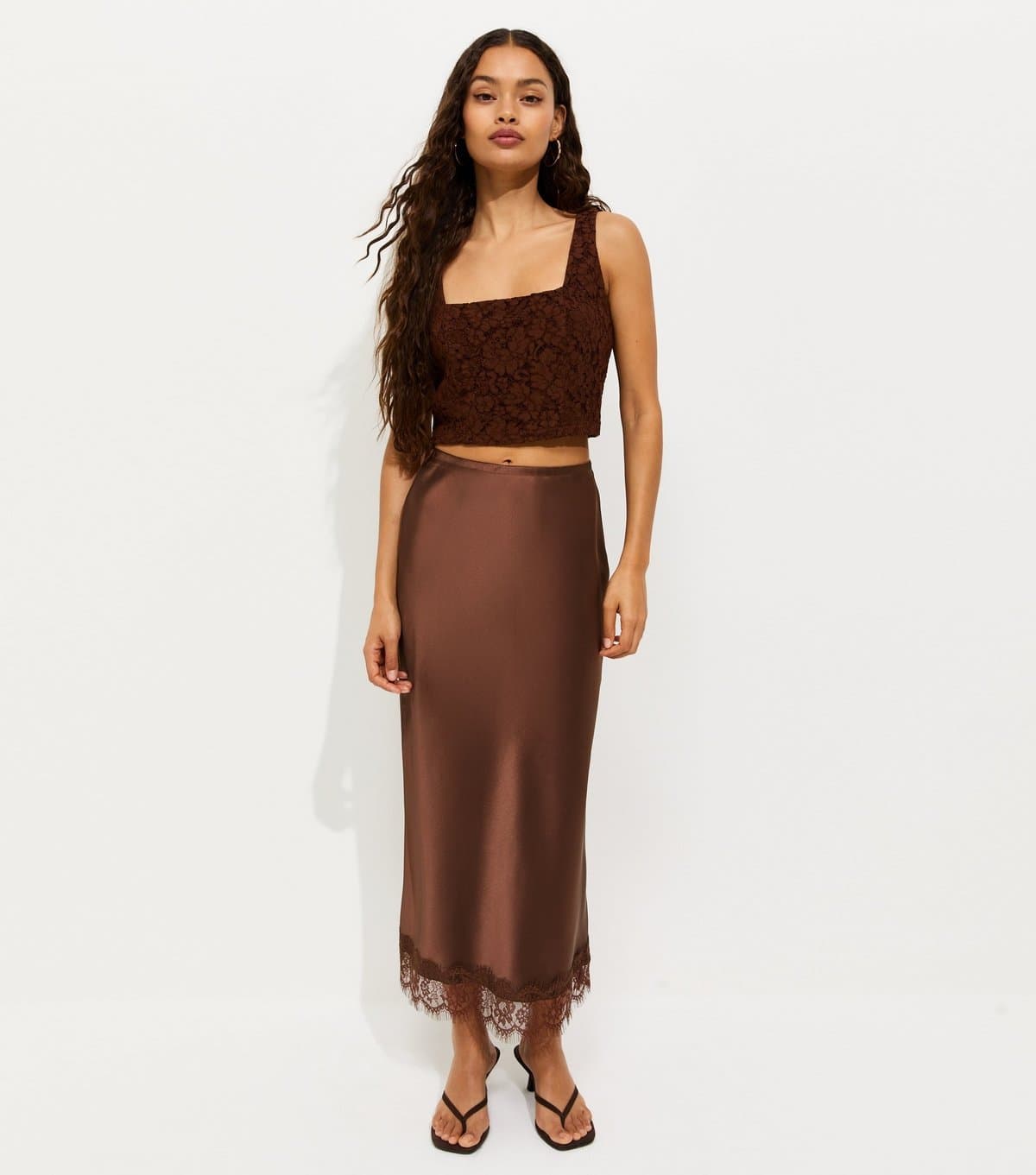 New Look Women's Petite Dark Brown Satin Lace Trim Midi Skirt New Look