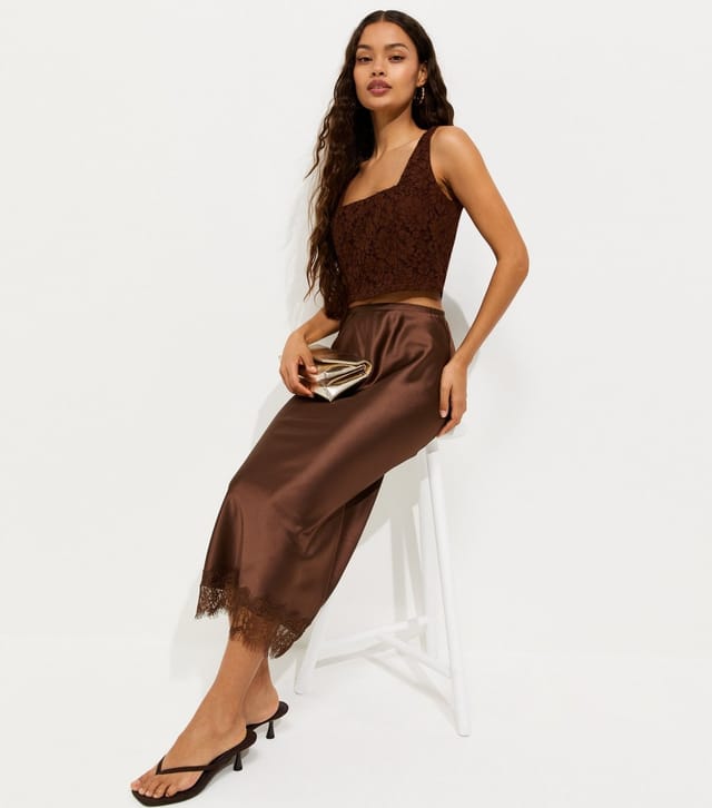 New Look Women's Petite Dark Brown Satin Lace Trim Midi Skirt New Look - 2