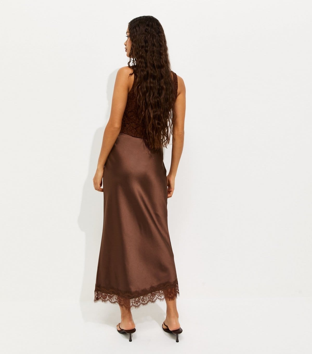 New Look Women's Petite Dark Brown Satin Lace Trim Midi Skirt New Look - 4