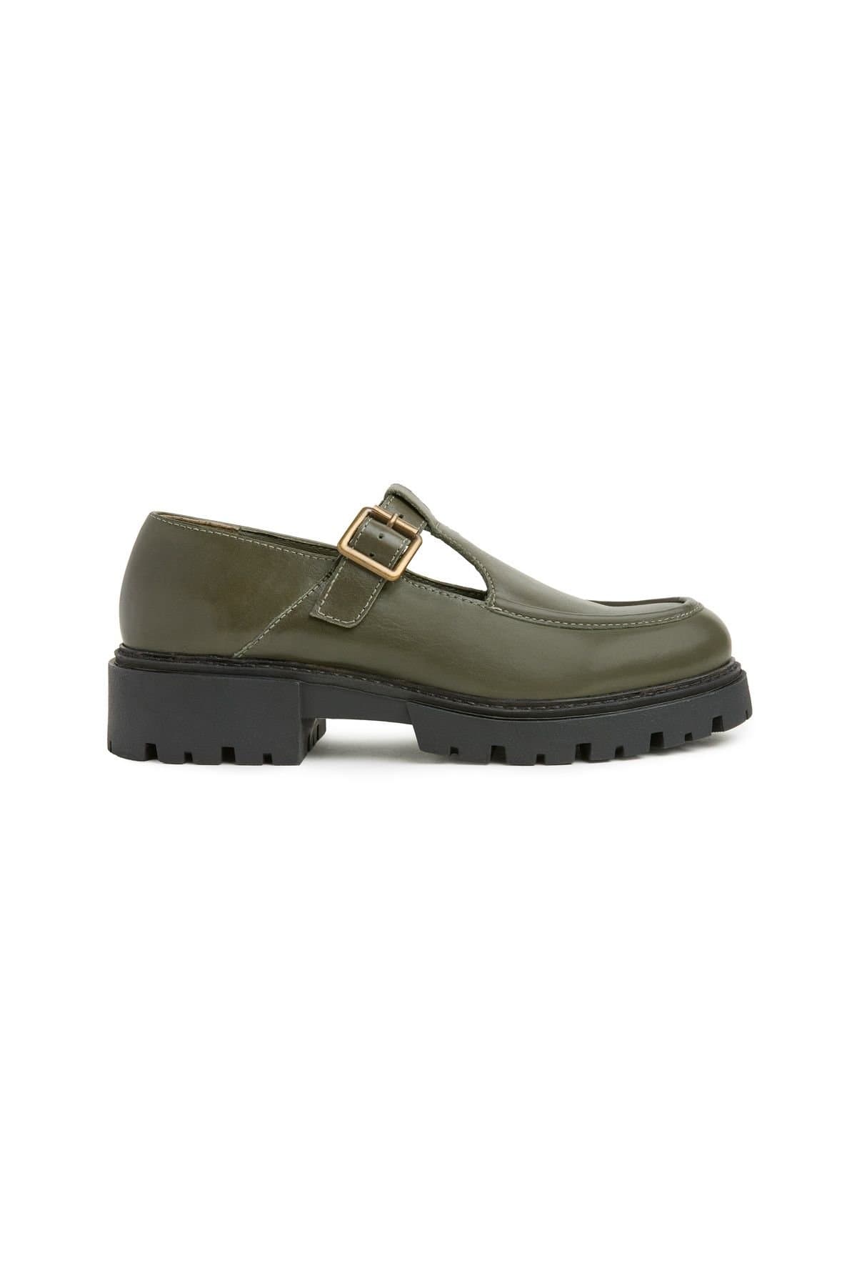 Celtic & Co Celtic & Co Olive Leather Chunky T Bar Loafer