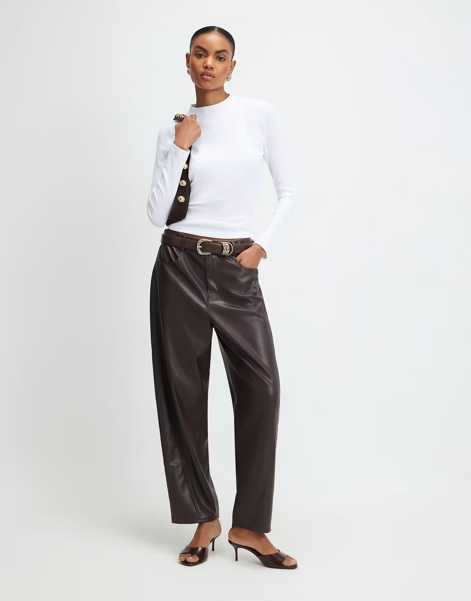 ASOS ASOS Faux Leather Barrel Leg Trousers in Dark Brown