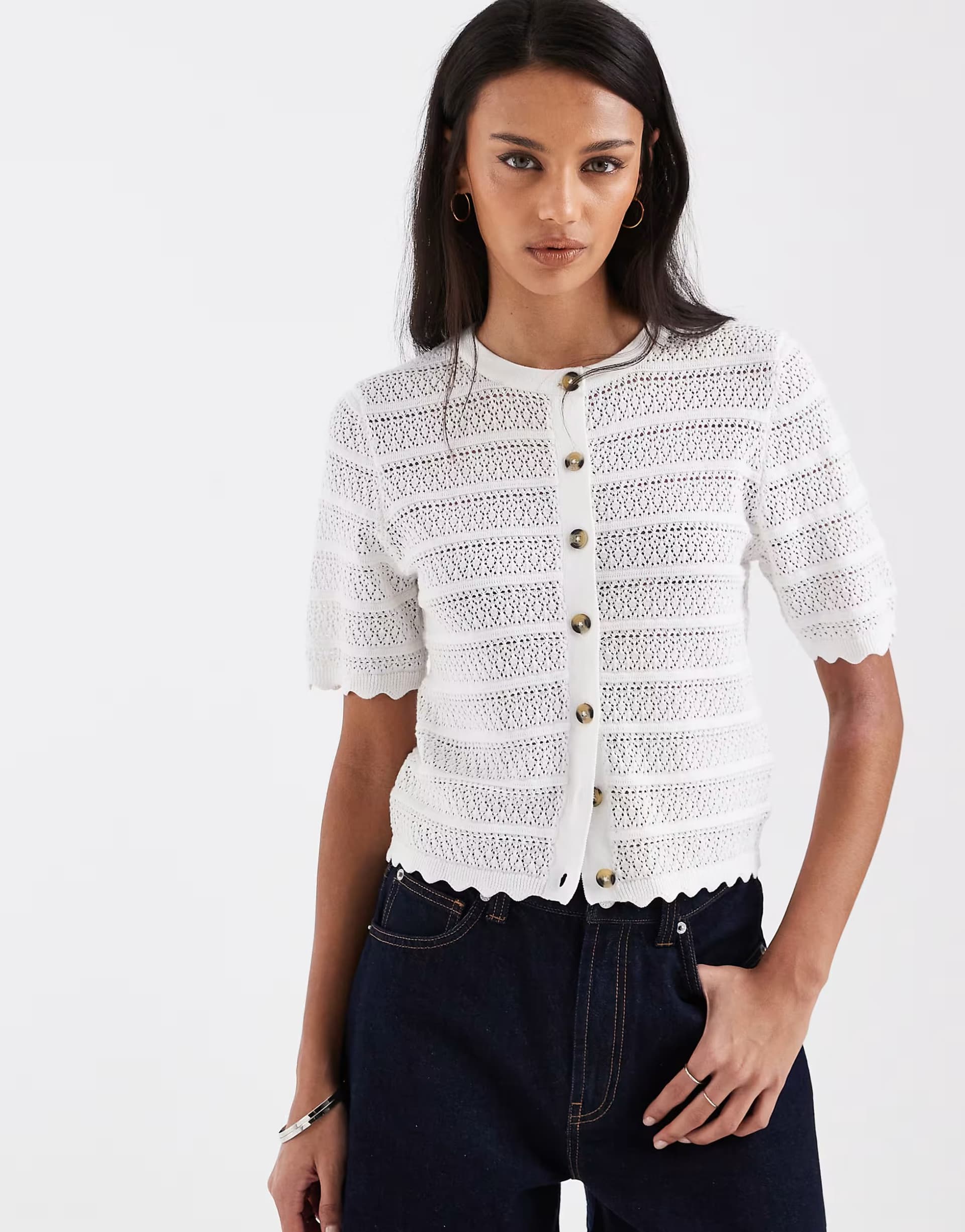 ASOS Brave Soul crochet knit short sleeve cardigan with scallop detail in white