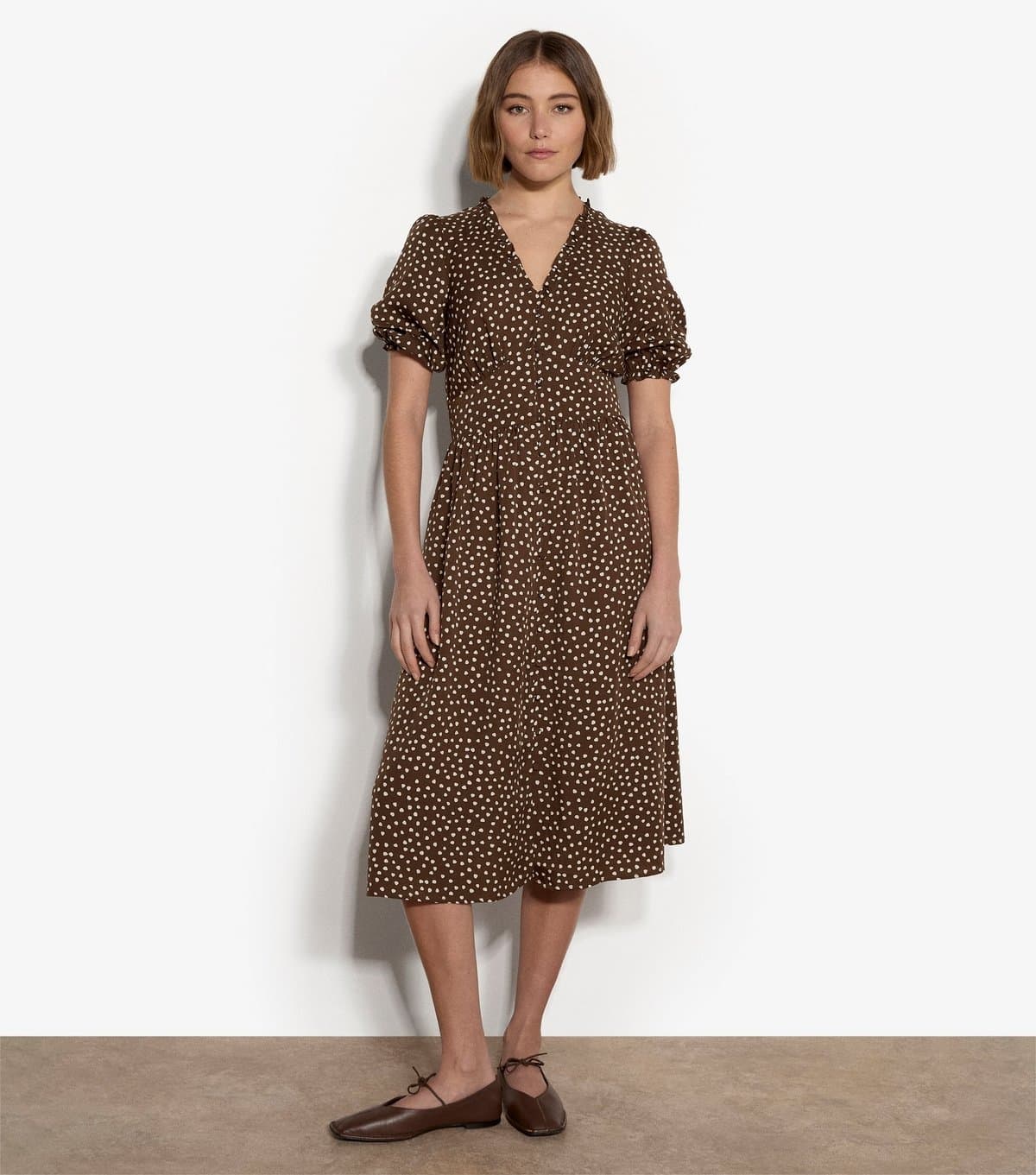 Apricot Women's Brown Mini Dot Print Button Front Midi Dress Apricot New Look