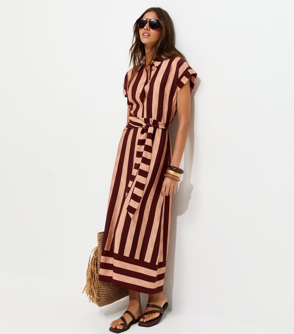 New Look Women's Brown Striped Short Sleeve Midi Shirt Dress New Look