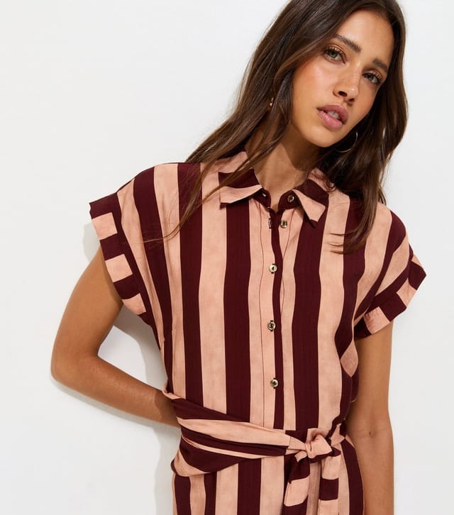 New Look Women's Brown Striped Short Sleeve Midi Shirt Dress New Look - 2