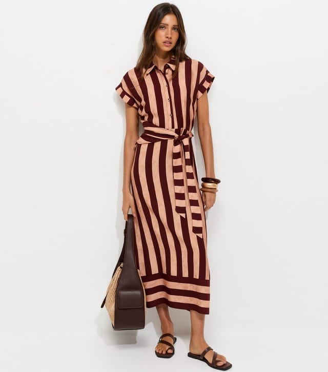New Look Women's Brown Striped Short Sleeve Midi Shirt Dress New Look - 3