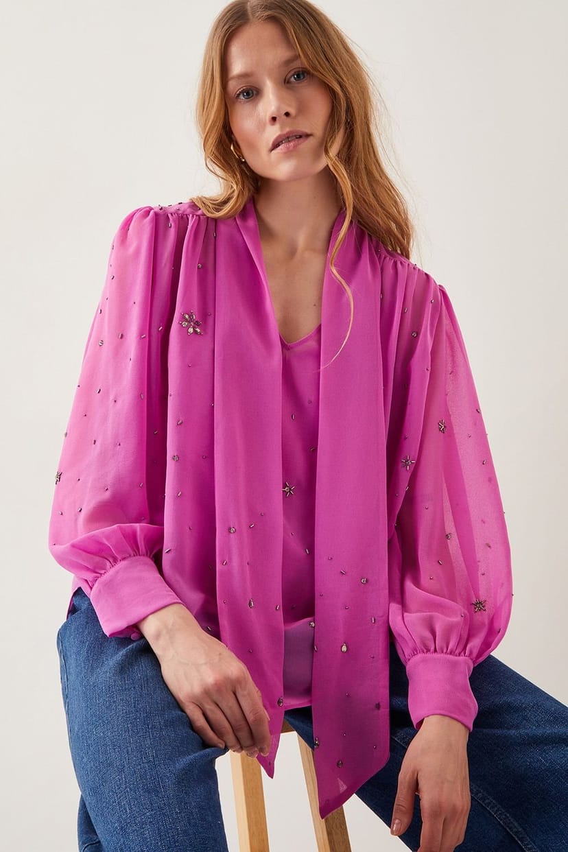 Monsoon Monsoon Women's Candice Embellished Pussybow Blouse Pink - 1