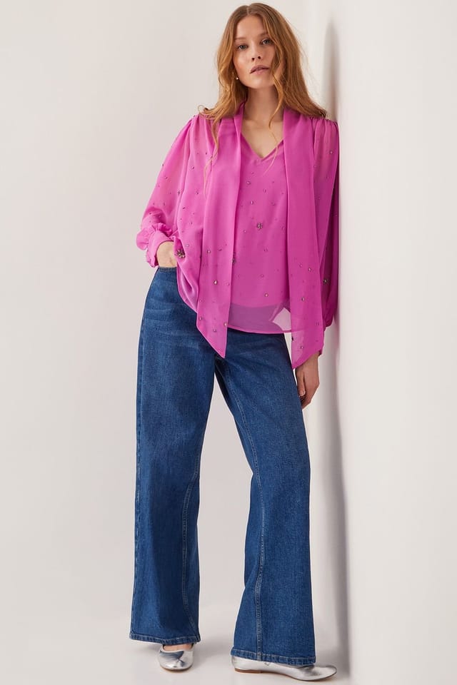 Monsoon Monsoon Women's Candice Embellished Pussybow Blouse Pink - 2