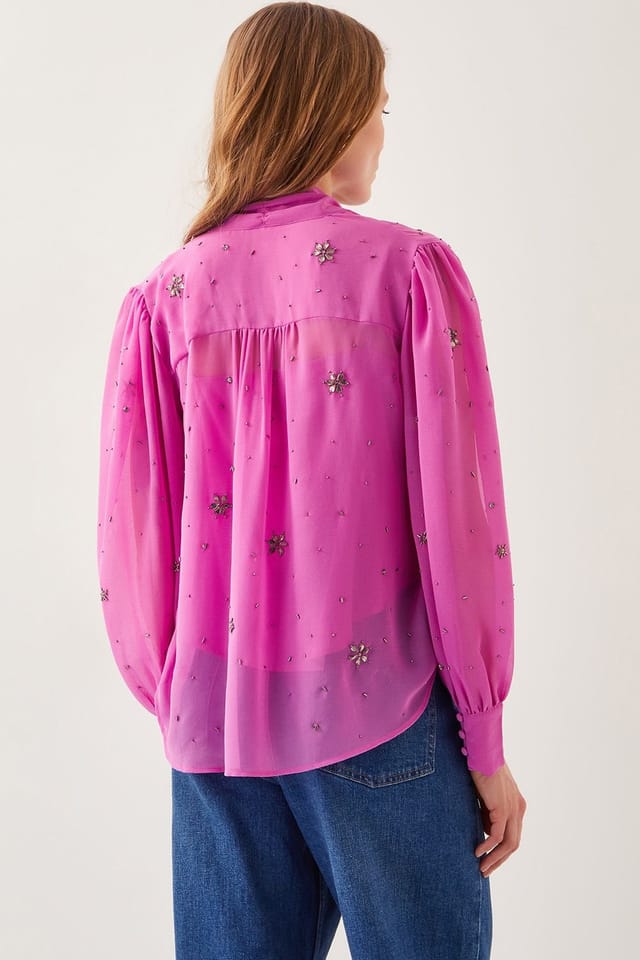 Monsoon Monsoon Women's Candice Embellished Pussybow Blouse Pink - 3